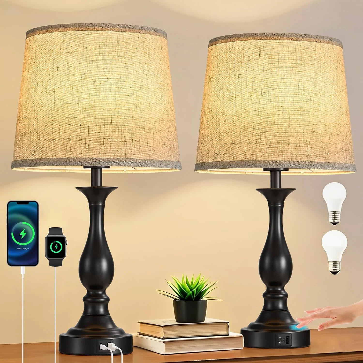 Bedside Table Lamp Touch Control Bedroom Lamps with USB A and C Charging Port 3 Way Dimmable Touch Lamps for Nightstand - Image 5