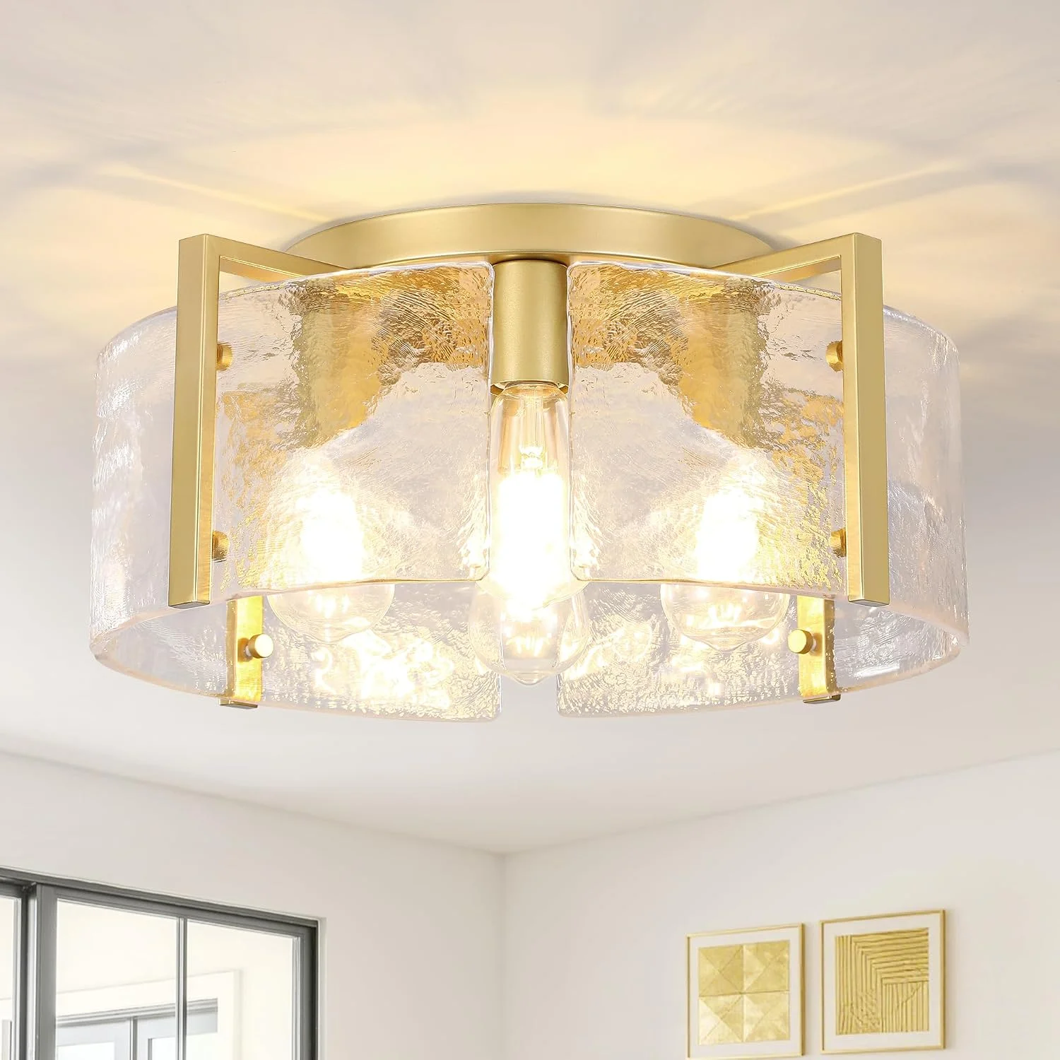 ZXFDWB Modern Gold Semi Flush Mount Ceiling Light, Dimmable, 3-Light Farmhouse Glass Drum Light Fixture - Image 6