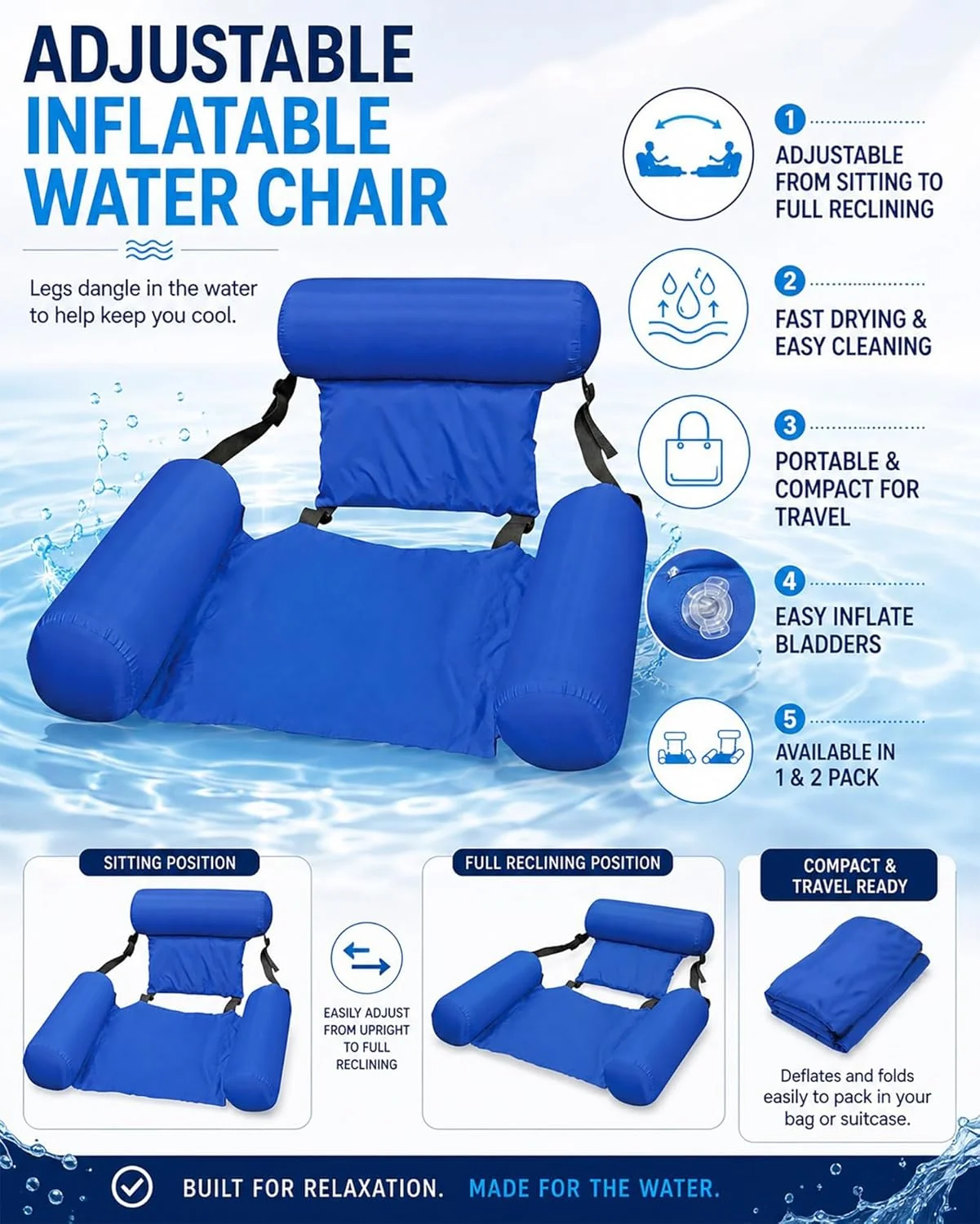 Poolmaster 2-Pack Water Chair Inflatable Pool Float Lounges for Adults, Adjustable Reclining Water Chairs for Pool - Image 7