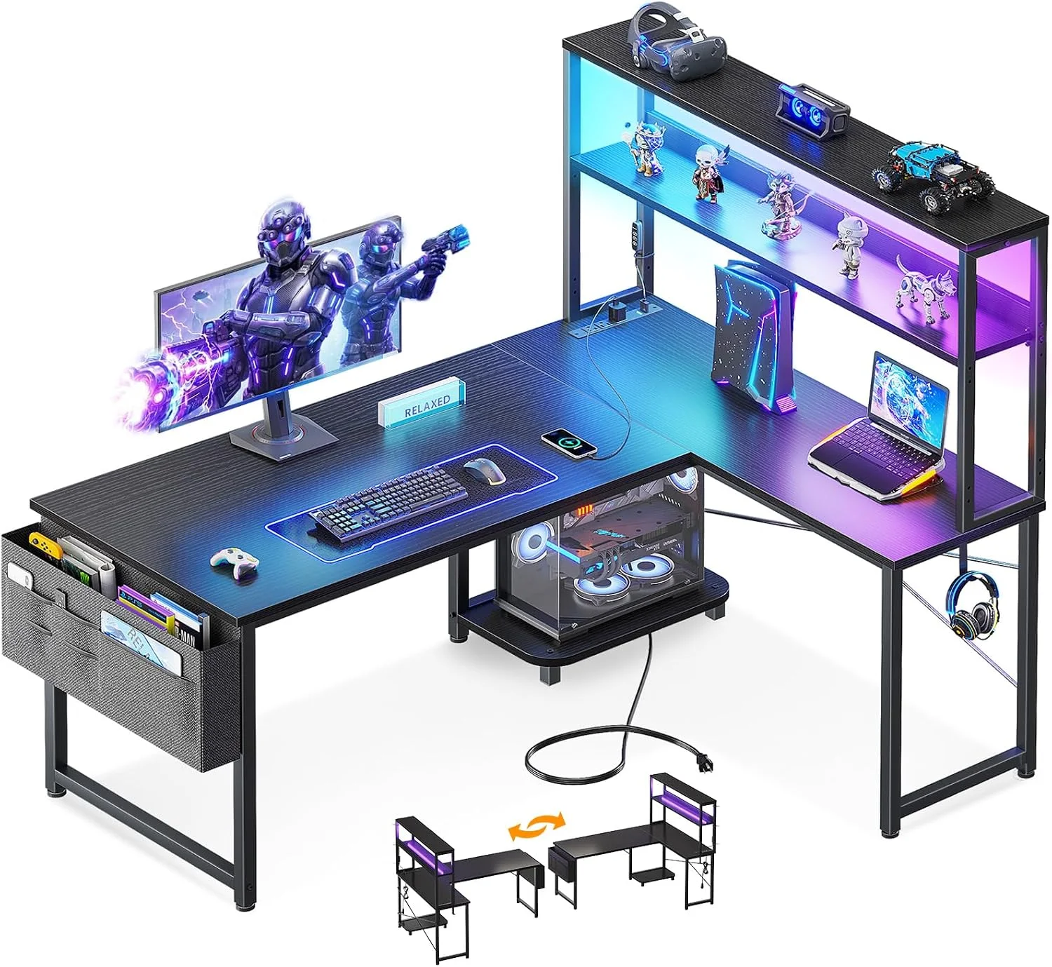 ODK 53 L Shaped Gaming Desk with Shelves, LED & Outlets - Image 3