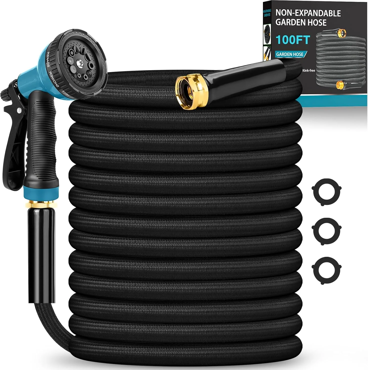 Garden Hose 100FT, Non-Expanding Lightweight Water Hose With 10-Function Nozzle, 3/4GHT