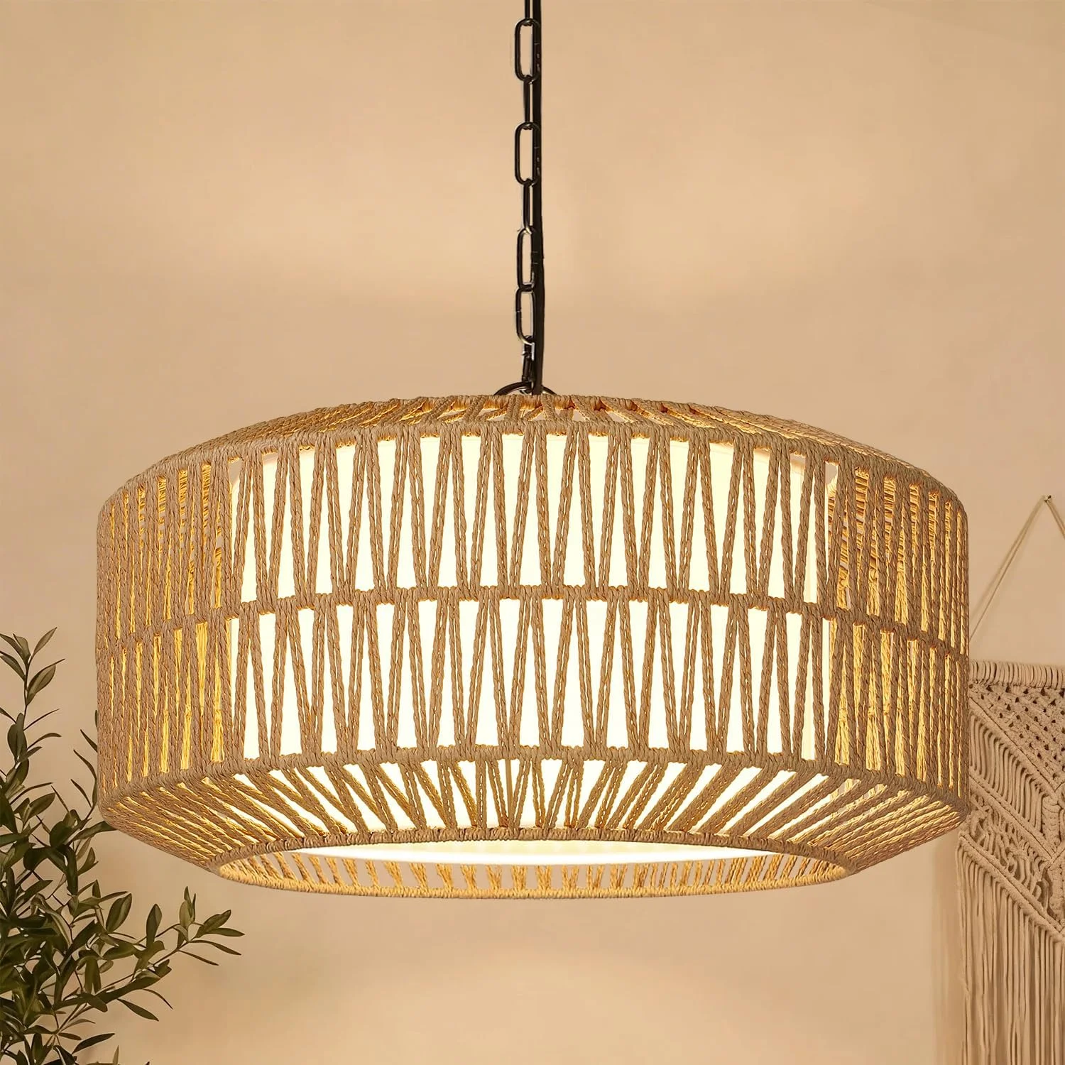 9-52 Height Adjustable Farmhouse Chandelier Light Fixture, 5-Light Rattan Boho Chandeliers for Dining Room - Image 2