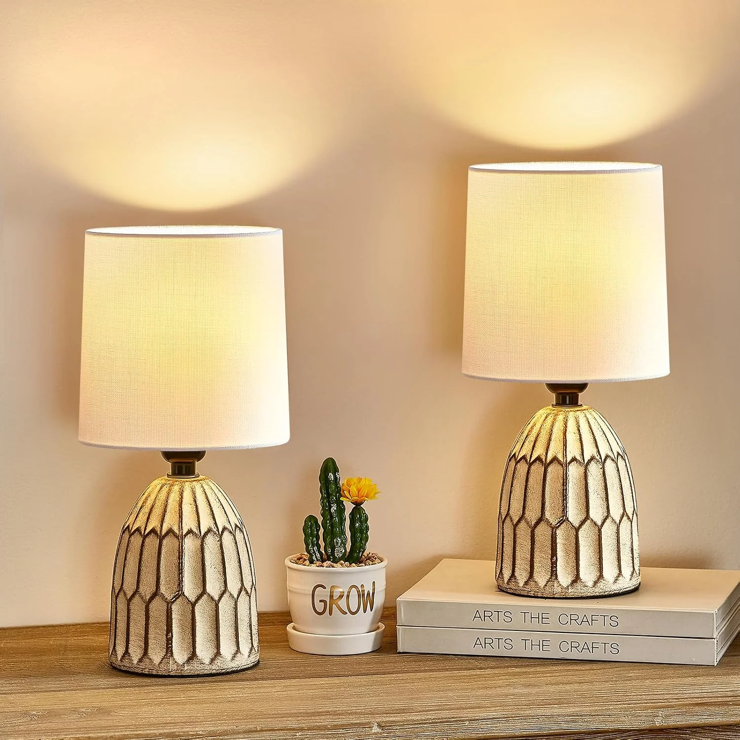 EJIAXIN Table Lamps Set of 2-13.5 Small Boho Lamp, Farmhouse Rustic Ceramic Table Lamp for Bedroom - Image 2