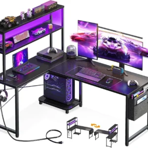 Alternative view of AODK L Shaped Desk Gaming Desk with LED Light & Power Outlet, 53 Inch Black Reversible L Shaped Computer Table with