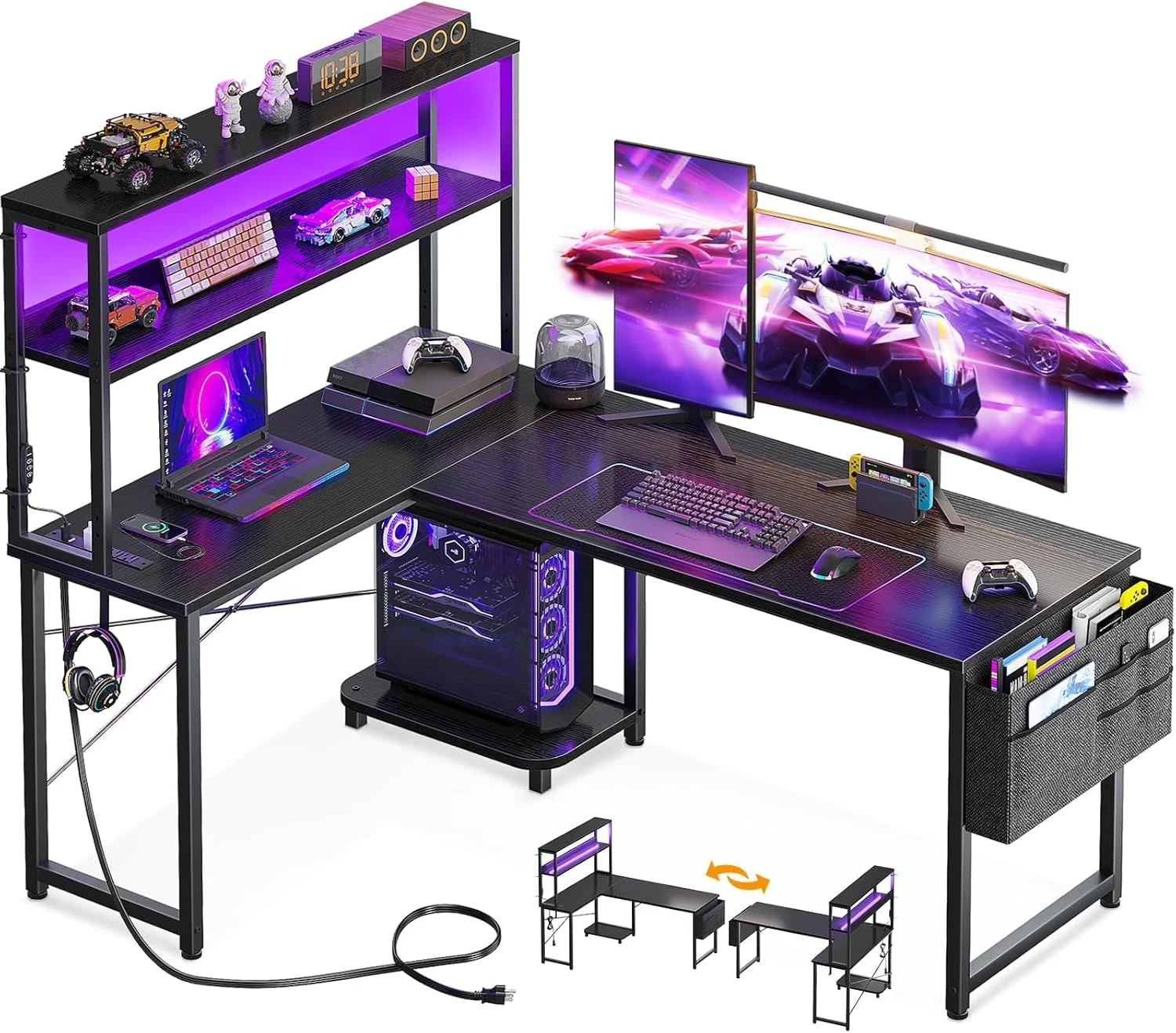 AODK L Shaped Desk Gaming Desk with LED Light & Power Outlet, 53 Inch Black Reversible L Shaped Computer Table with - Image 2