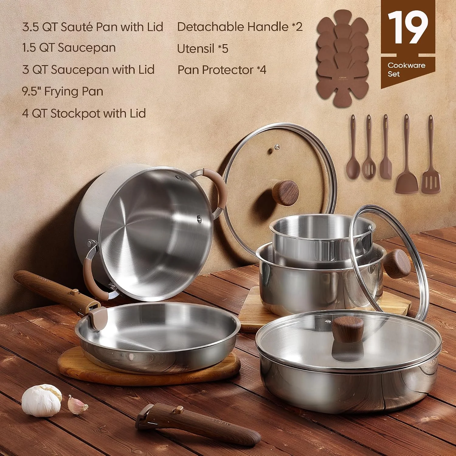 CAROTE 19pcs Stainless Steel Cookware Set with Detachable Handle, Pots and Pans Set - Image 2