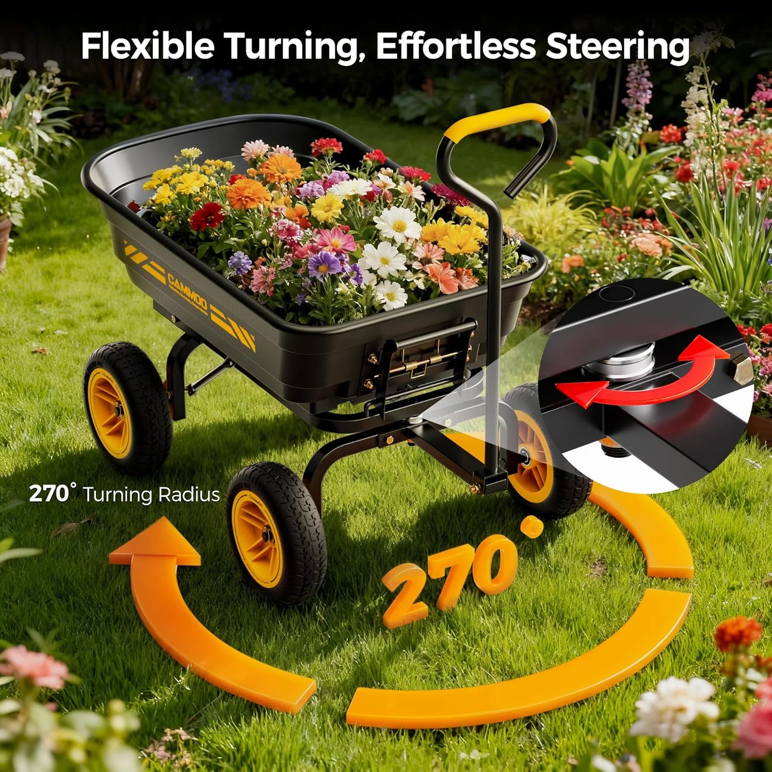 CAMMOO 10-in NO-FLAT TIRES 600lb Heavy-Duty Garden Dump Cart 4 Cu.Ft. Utility Wagon with Quick-Release Dumping & Prime - Image 8