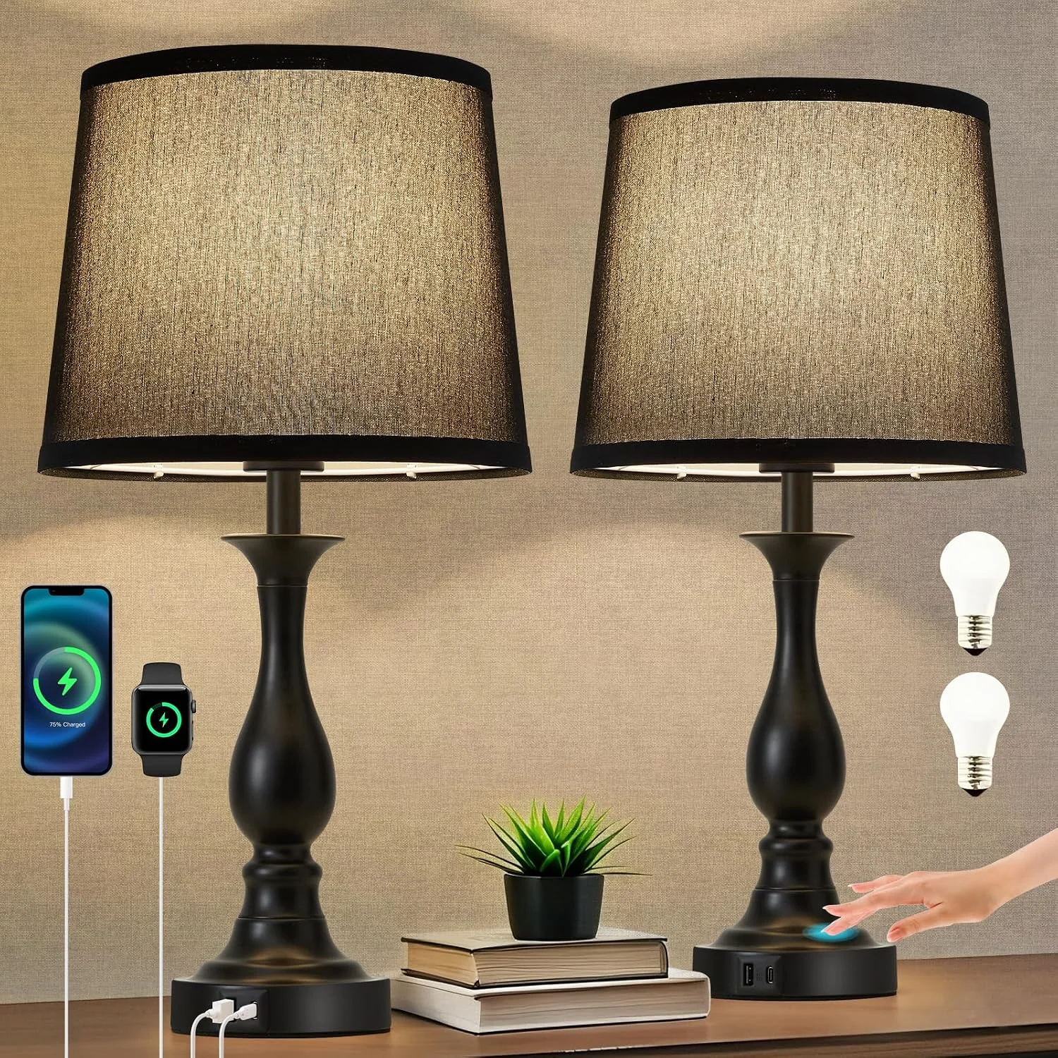 Bedside Table Lamp Touch Control Bedroom Lamps with USB A and C Charging Port 3 Way Dimmable Touch Lamps for Nightstand - Image 6