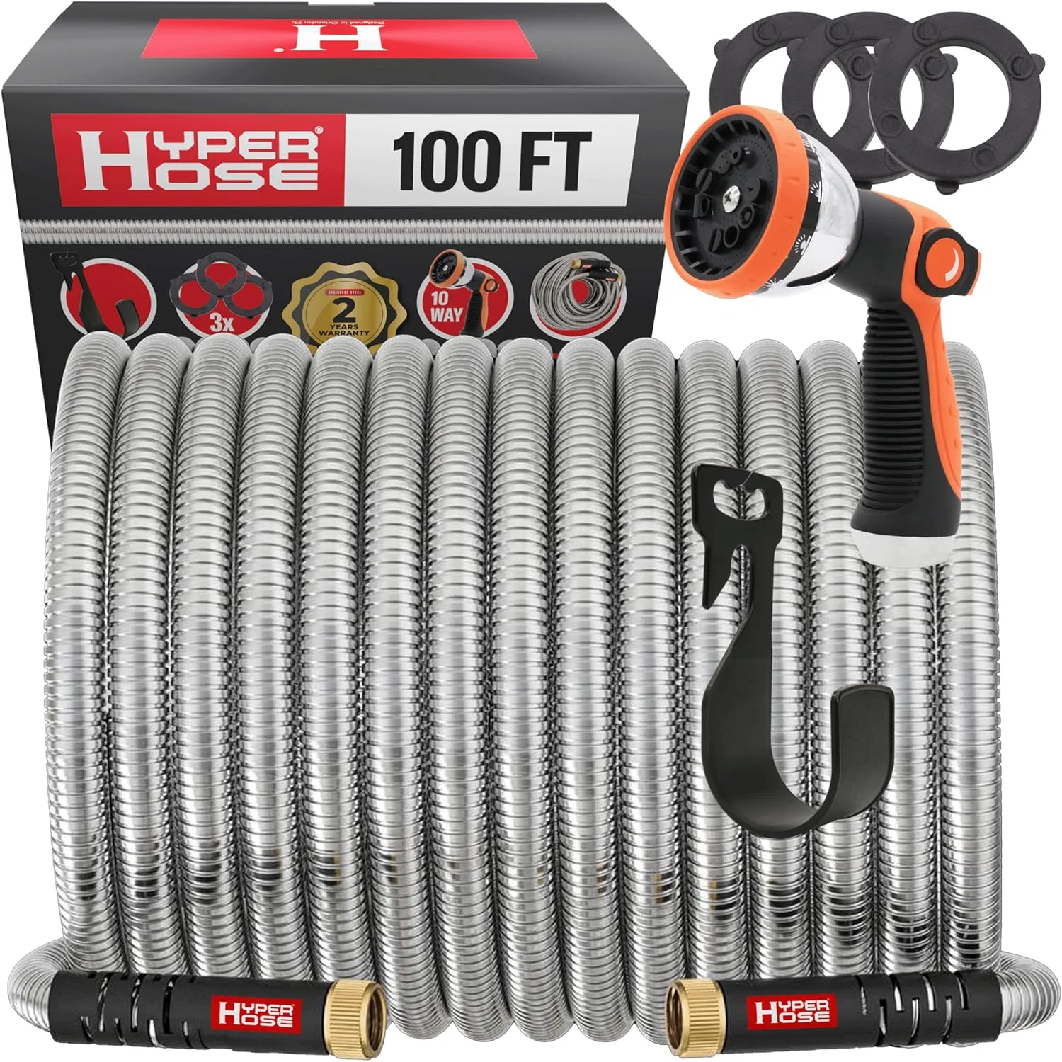 Best 100 ft Metal Garden Hose Set, No-Kink Durable 316 Stainless Steel, 10-Way Zync Spray Nozzle & Hook - Image 3