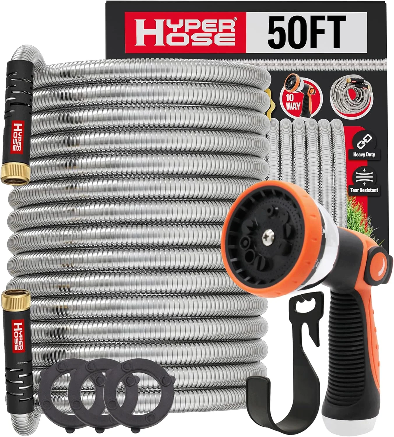 Best 100 ft Metal Garden Hose Set, No-Kink Durable 316 Stainless Steel, 10-Way Zync Spray Nozzle & Hook - Image 2