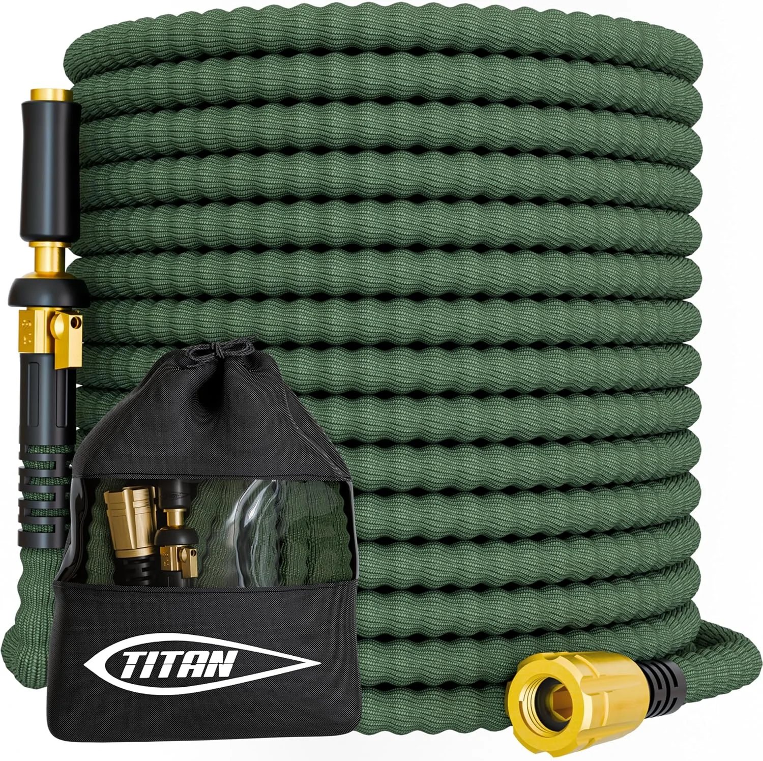 TITAN Flexible Garden Hose 100FT, Ultra Lightweight, Heavy Duty Water Hose with Brass Fittings & Jet Nozzle
