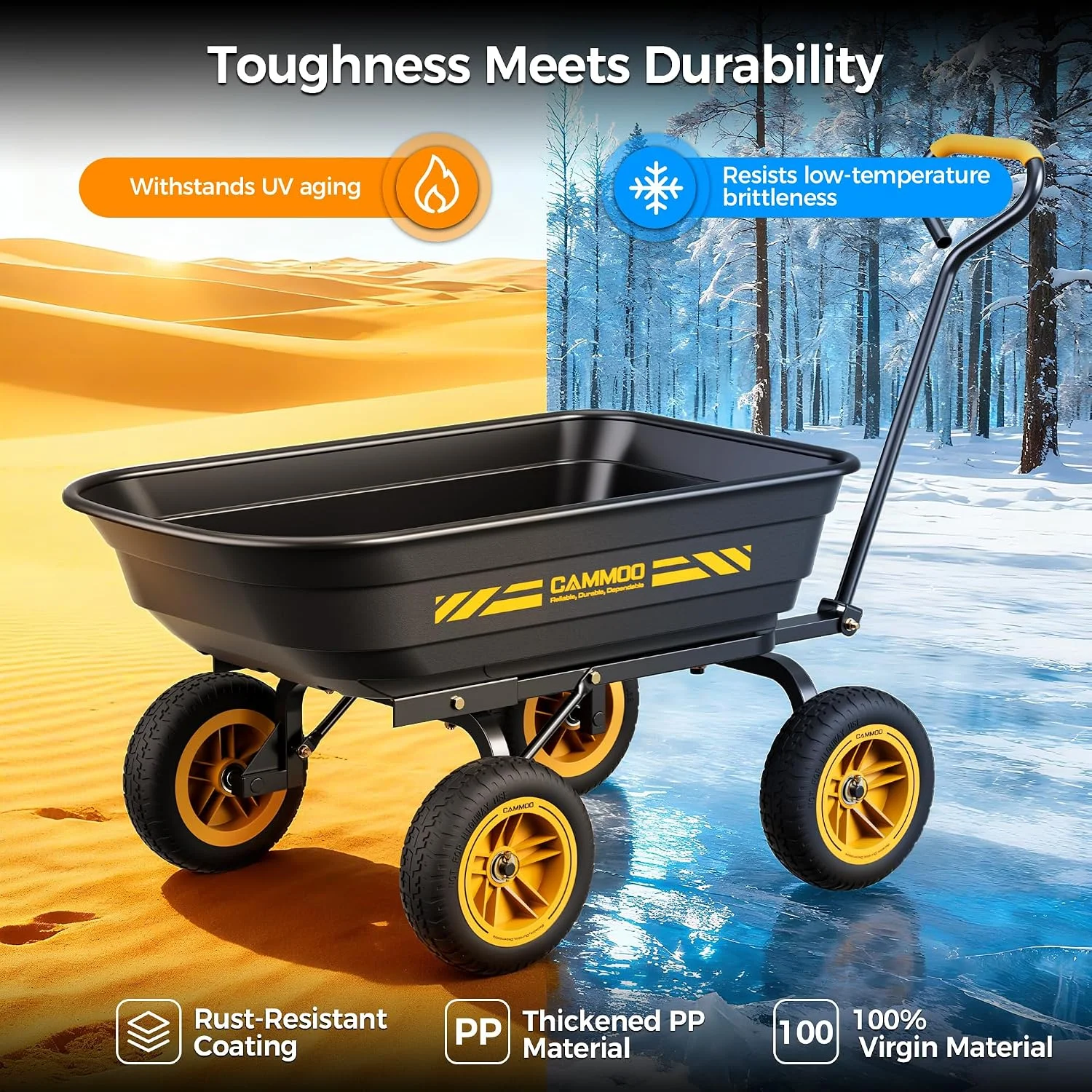 CAMMOO 10-in NO-FLAT TIRES 600lb Heavy-Duty Garden Dump Cart 4 Cu.Ft. Utility Wagon with Quick-Release Dumping & Prime - Image 6