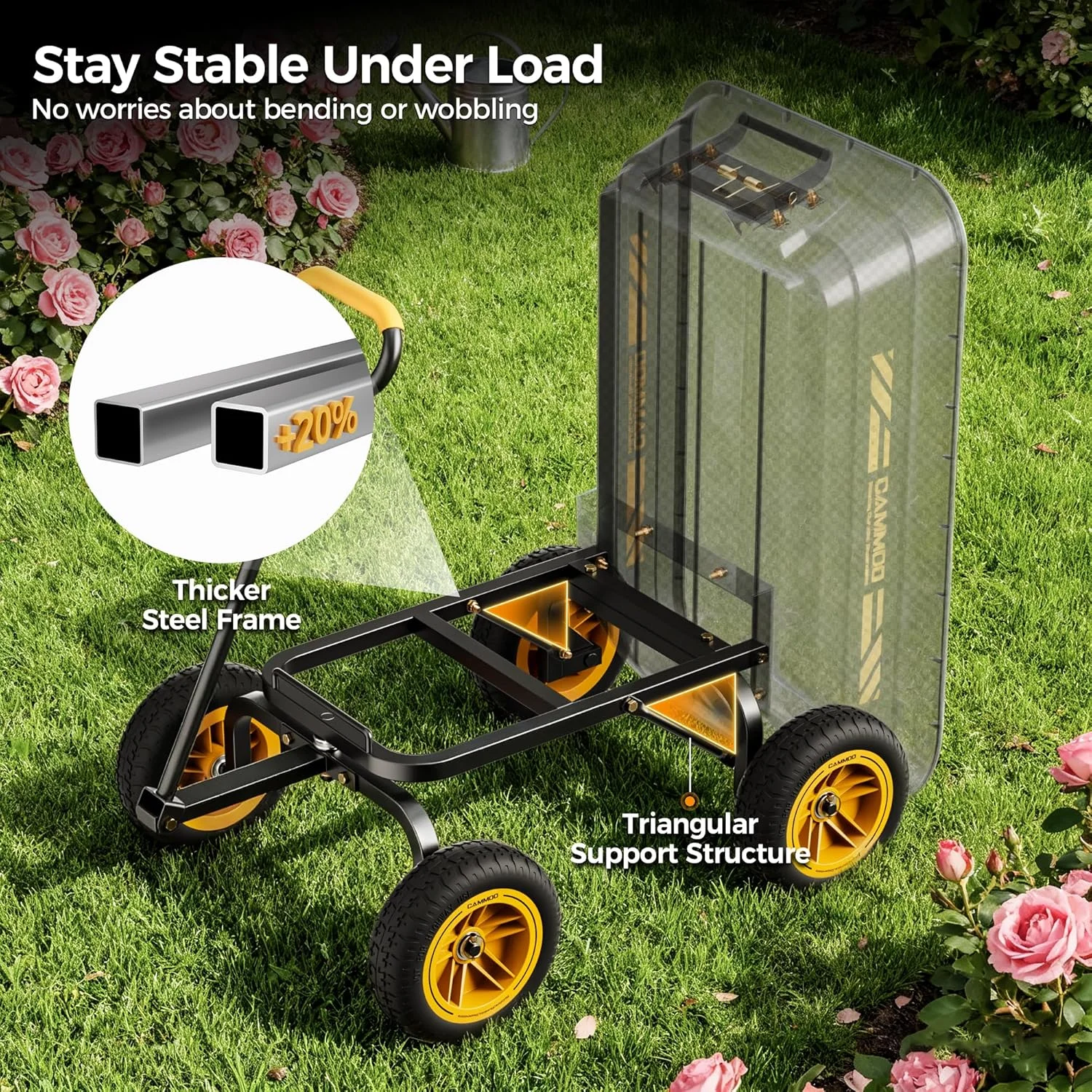 CAMMOO 10-in NO-FLAT TIRES 600lb Heavy-Duty Garden Dump Cart 4 Cu.Ft. Utility Wagon with Quick-Release Dumping & Prime - Image 5