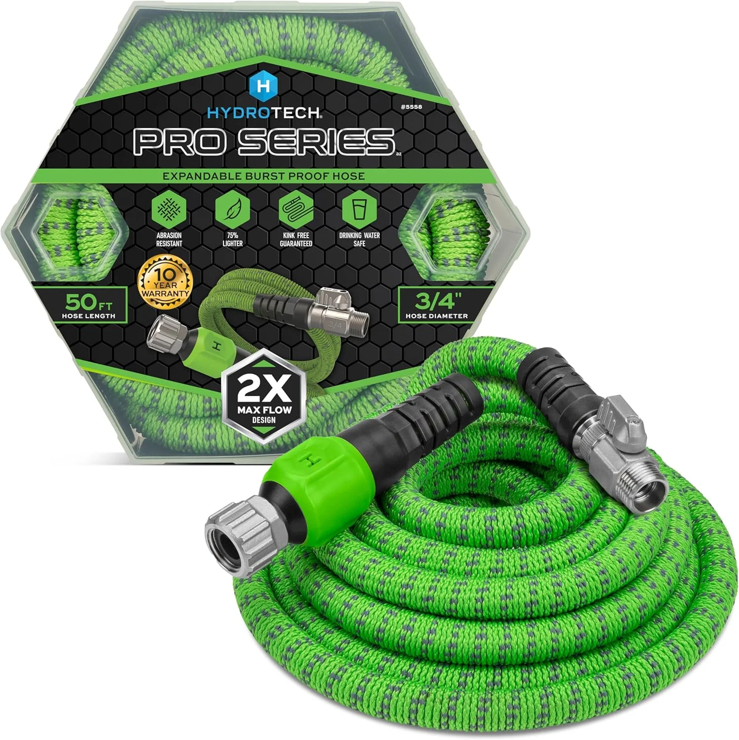 HydroTech Pro Series 100 ft Max Flow Garden Hose, 3/4 in Diameter, Patented Force Control Technology delivers 2x max